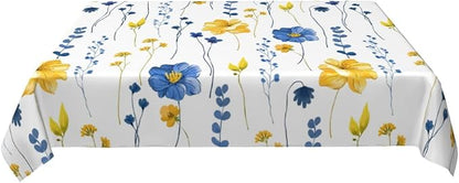 Watercolor Floral Rectangle Tablecloth Navy Blue Yellow Flower Table Cloth for Holiday Party Dining Rooms Kitchen Wedding Indoor Outdoor Birthday Table Decorations 54"x72"