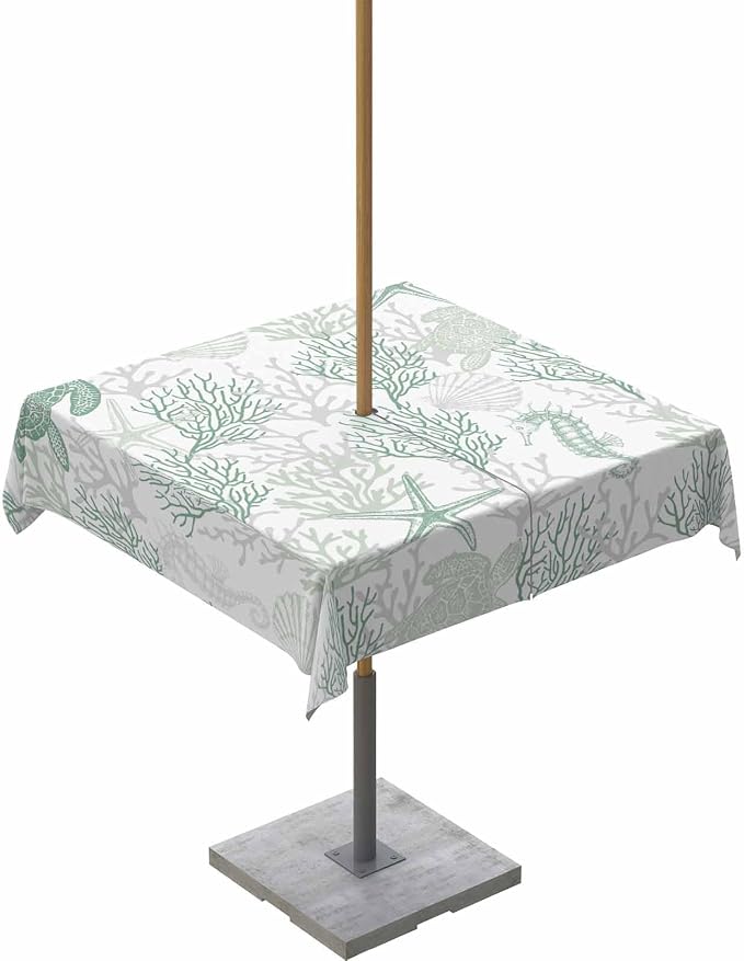 Sage Green Coastal Outdoor Tablecloth - 60x60 Inch Square Waterproof Dining Table Cover, Sea Turtle Nautical Coral Beach Starfish Outdoor Table Cloth with Umbrella Hole & Zipper for Picnic