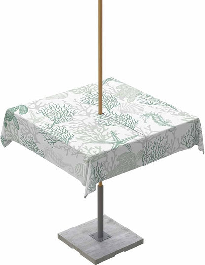 Sage Green Coastal Outdoor Tablecloth - 60x60 Inch Square Waterproof Dining Table Cover, Sea Turtle Nautical Coral Beach Starfish Outdoor Table Cloth with Umbrella Hole & Zipper for Picnic