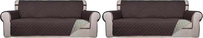 PureFit Reversible Quilted Sofa Cover, Water Resistant Slipcover Furniture Protector, Washable Couch Cover with Non Slip and Elastic Straps for Kids, Dogs, Pets (Sofa, Chocolate/Beige) (Pack of 2)
