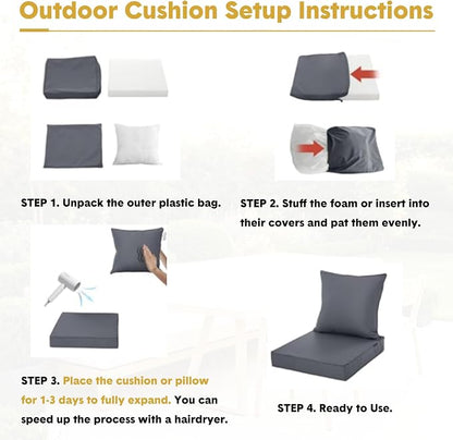 Outdoor Chair Cushions Patio Furniture Seat & Back Pillow 22 x 22 Inch Gray | Rain-Proof Cover Removable Replacement with Ties for Wicker Sofa Couch Sunbrella Outside