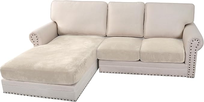 H.VERSAILTEX Velvet Stretch Sectional Couch Covers 3 Pieces Sofa Seat Cushion Covers L Shape Separate Cushion Couch Cover for Both Left/Right Sectional Couch (Large Sofa 2 Seater + 1 Chaise, Ivory)