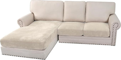 H.VERSAILTEX Velvet Stretch Sectional Couch Covers 3 Pieces Sofa Seat Cushion Covers L Shape Separate Cushion Couch Cover for Both Left/Right Sectional Couch (Large Sofa 2 Seater + 1 Chaise, Ivory)
