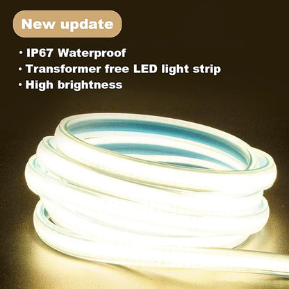 Outdoor COB Strip Light 5 Meter LED Tape Light Waterproof 110v LED Strip Lights Plug-in LED Strip with 3000K Brightness Rope Lights for Bedroom Home Kitchen Decor (Warm White, 16.4ft)