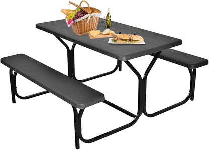 Picnic Table, Outdoor Dining Table with 2 Benches, Wood Grain Tabletop, Heavy Duty Metal Frame, Portable Picnic Table for Outdoors Backyard Garden Lawn Patio Poolside Deck (Black)