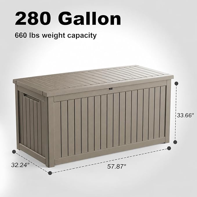 280 Gallon Large Outdoor Storage Box Waterproof, UV Resistant Resin Deck Box with Hydraulic Rod & Lockable Latch for Patio Furniture, Outside Storage Box for Garden Tools, Patio Cushions, Gray