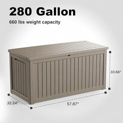 280 Gallon Large Outdoor Storage Box Waterproof, UV Resistant Resin Deck Box with Hydraulic Rod & Lockable Latch for Patio Furniture, Outside Storage Box for Garden Tools, Patio Cushions, Gray