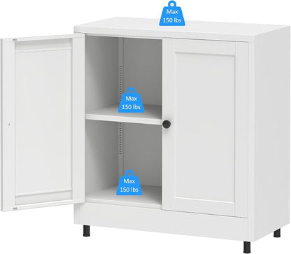 Metal Storage Cabinet with 2 Doors and Adjustable Shelf, Steel Sideboard Buffet Cabinet for Home Office Hallway Entryway Kitchen Living Dining Room (White)