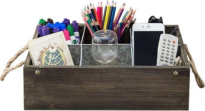 MyGift Rustic Solid Wood and Galvanized Multipurpose Organizer Caddy with 6 Metal Partition Divided Slots and Rope Handles, Vintage Style Wine Bottle Crate Storage Gift Box