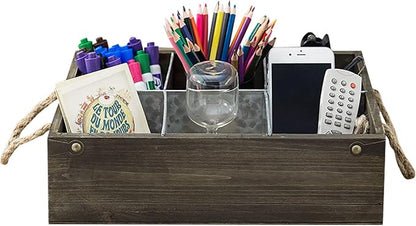 MyGift Rustic Solid Wood and Galvanized Multipurpose Organizer Caddy with 6 Metal Partition Divided Slots and Rope Handles, Vintage Style Wine Bottle Crate Storage Gift Box