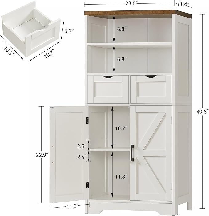 Storage Cabinet with Doors & 2 Drawers, Kitchen Cabinet with Adjustable Shelf, Pantry Cabinets, Bathroom Cabinets, for Living Room, Entryway, Home Office, White