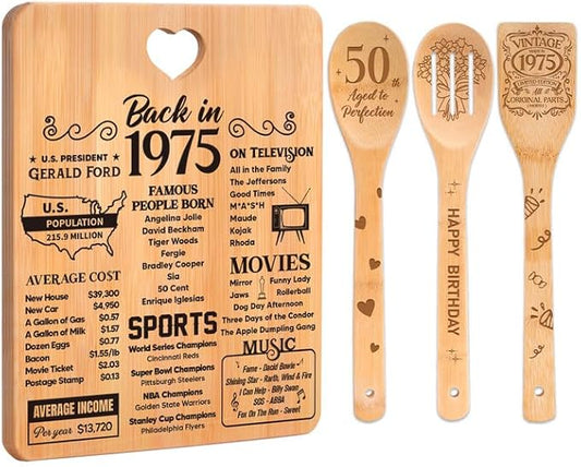 50th Birthday Gifts for Him Her- "Back in 1975" 50th Birthday Gifts for Women Cutting Board, Bamboo-Made Engraved "Year 1975 News" 50th Birthday Gifts