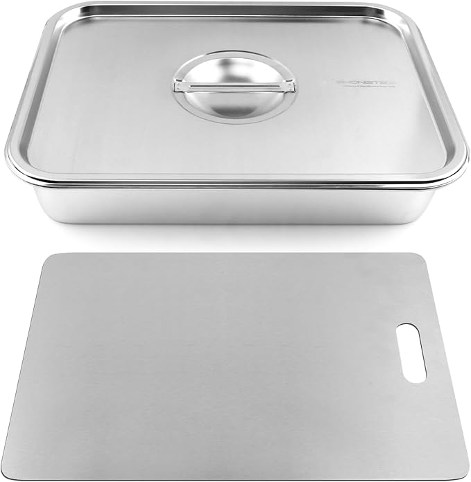 Grilling Prep and Serve Tays, 4pcs Stainless Steel Large Capacity Food Prep Tray Grill Carry System, BBQ Grill Tray Set Marinade Container with Lid and Cutting Board for Outdoor(Color:Silver)
