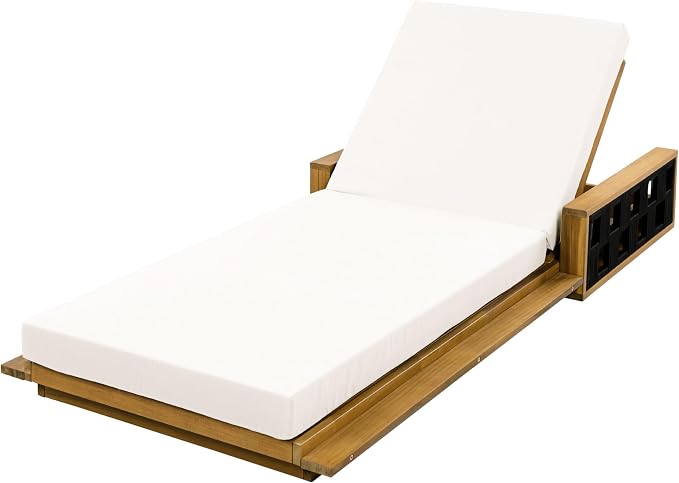 Merax Outdoor Chaise Lounge Set of 2, Acacia Wood Patio Reclining Chairs with 4-Position Adjustable Backrest, 2-Piece Sunbathing Recliner & 4" Thick Double-fold Cushion for Poolside, Garden, Beige
