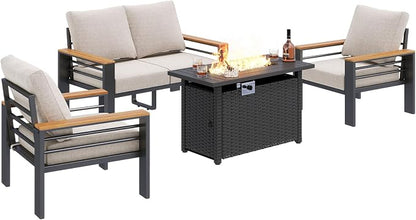 Aoxun Patio Furniture Set, Aluminum Patio Set with Fire Pit Table and 5" Thicken & Washable Cushion, Waterproof Outdoor Furniture, Outdoor Couch Sectional for Backyard (4 Seats/F, Grey)