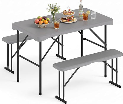 GIANTEX Folding Picnic Table Set w/ 2 Benches, 44" HDPE, Gray | Foldable Table & Chairs, All Weather Resistant, Space-Saving & Portable for Camping Party Dining BBQ, Large Weight Capacity