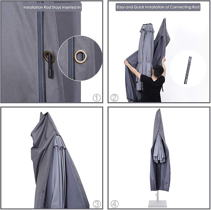 SUPERJARE Patio Umbrella Cover with Rod for 7 to 11 Ft Umbrellas & 15 Ft Double-Sided Umbrellas, 600D Protective Waterproof Cover with Zipper, Gray
