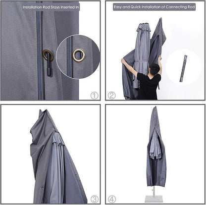 SUPERJARE Patio Umbrella Cover with Rod for 7 to 11 Ft Umbrellas & 15 Ft Double-Sided Umbrellas, 600D Protective Waterproof Cover with Zipper, Gray