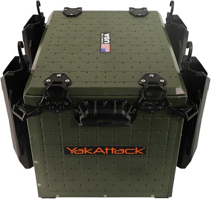 YakAttack BlackPak Pro Kayak Fishing Crate - Ranger Green | 13" x 16" Riggable Kayak Gear Storage System with Hinged Lid, GridLoc Mount Panels & 4 TetherTube Rod Holders | Lightweight Tankwell Crate