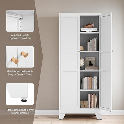 Yizosh Metal Pantry Cabinet, 75" Kitchen Pantry with 2 Door and 4 Adjustable Shelves,White Metal Pantry Storage Cabinet,Cupboard for Kitchen,Dining Room,Living Room and Bathroom