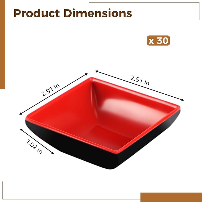 30-Piece Black & Red Square Plastic Dipping Bowl Set, 2.91 in Stackable Soy Sauce Dishes with Square Design for Kitchen & Restaurant, Easy to Clean & Long-Term Use