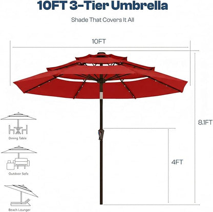 10ft 3-Tier Patio Umbrella with 32 Solar Powered LED Lights, Windproof Outdoor Market Umbrella for Deck, Poolside & Garden, Sturdy Push-Button Tilt Table Umbrella, Red