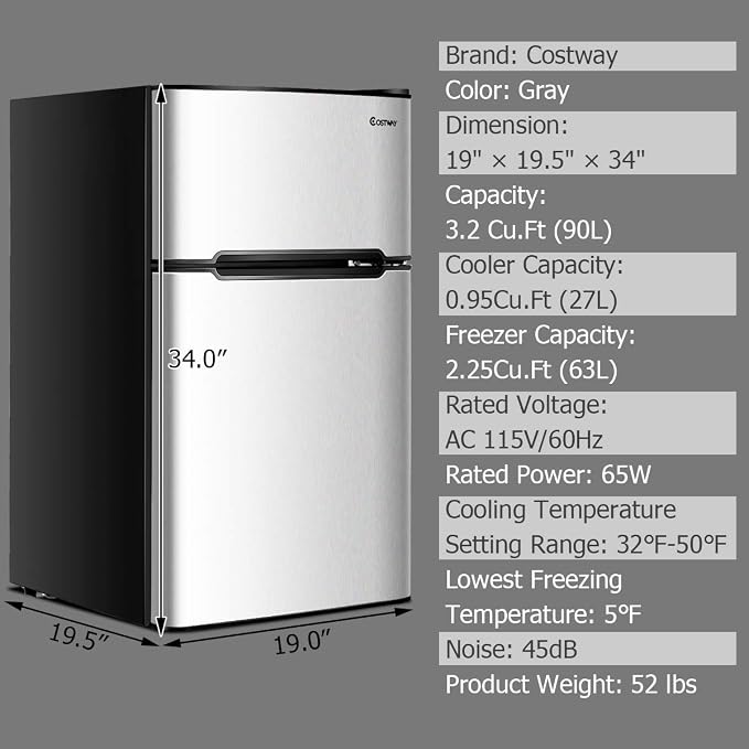 COSTWAY 3.2 Cu.ft. Mini Fridge with Freezer for Bedroom, Dorm, Office | Small Compact Refrigerator with Reversible 2-Door, Adjustable Temperature, LED Lights, Removable Glass Shelves, Grey