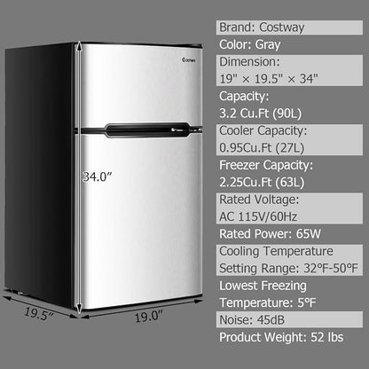 COSTWAY 3.2 Cu.ft. Mini Fridge with Freezer for Bedroom, Dorm, Office | Small Compact Refrigerator with Reversible 2-Door, Adjustable Temperature, LED Lights, Removable Glass Shelves, Grey
