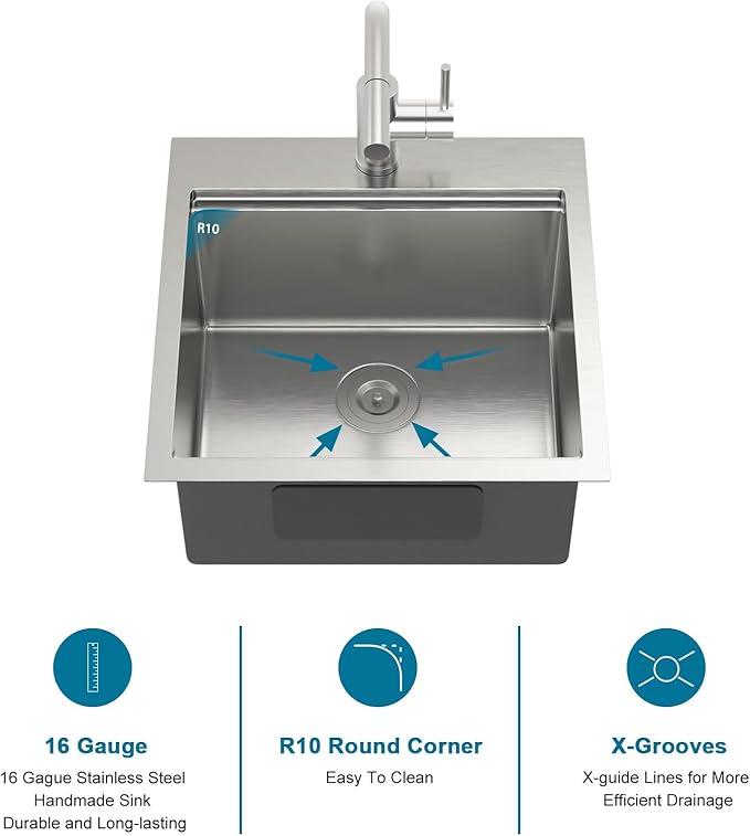 Outdoor Sink and Faucet18 Inch Drop In Bar Sink Workstation 16 Gauge Stainless Steel Single Bowl Small Basin With Pull-out Faucet Outdoor Bar RV Kitchen Sinks 18x18x9 Inch