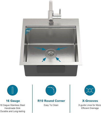 Outdoor Sink and Faucet18 Inch Drop In Bar Sink Workstation 16 Gauge Stainless Steel Single Bowl Small Basin With Pull-out Faucet Outdoor Bar RV Kitchen Sinks 18x18x9 Inch