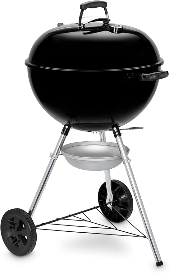 Weber Original Kettle E-5710 Charcoal Barbecue/Porcelain-Enamelled Lid & Bowl, 57 cm Cooking Surface, One-Touch Cleaning System, Lid Thermometer, Tripod Stand and Wheels, Black