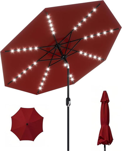 GarveeLife 10 ft Patio Umbrella with Solar Lights, 8 Ribs Outdoor Market Table Umbrella with 40 LED Lights & Tilt Crank for Pool, Deck, Backyard (Red)