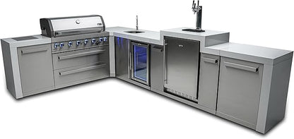 Mont Alpi Deluxe 94"W x 136"D Premium L-shaped Stainless Steel Outdoor Kitchen Island + Fridge Faucet & Sink + 3-tap Kegerator Beer Dispenser + 44"W 6-Burner BBQ Grill + Granite Countertops + Cover