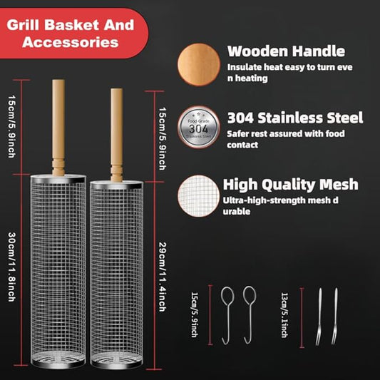 Nesting Rolling Grill Baskets 2PCS,304 Stainless Steel BBQ Tools with Removable Wooden Handle for Vegetables,Shrimp,Camping,Backyard,Outdoor Grilling Accessories,Grilling Gifts for Men