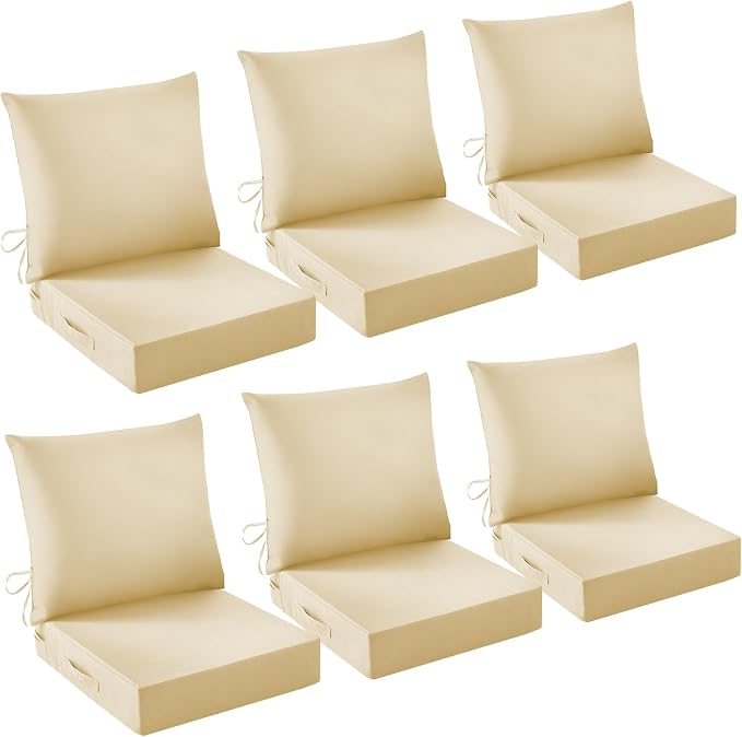 Outdoor Chair Cushions, 24 x 24 Inch Outdoor Cushion for Patio Furniture, Patio Chair Cushion, Waterproof & Fade Resistant Deep Patio Furniture Cushion Set with Handle and Ties, Light Khaki (Set of 6)