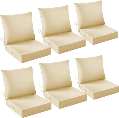 Outdoor Chair Cushions, 24 x 24 Inch Outdoor Cushion for Patio Furniture, Patio Chair Cushion, Waterproof & Fade Resistant Deep Patio Furniture Cushion Set with Handle and Ties, Light Khaki (Set of 6)