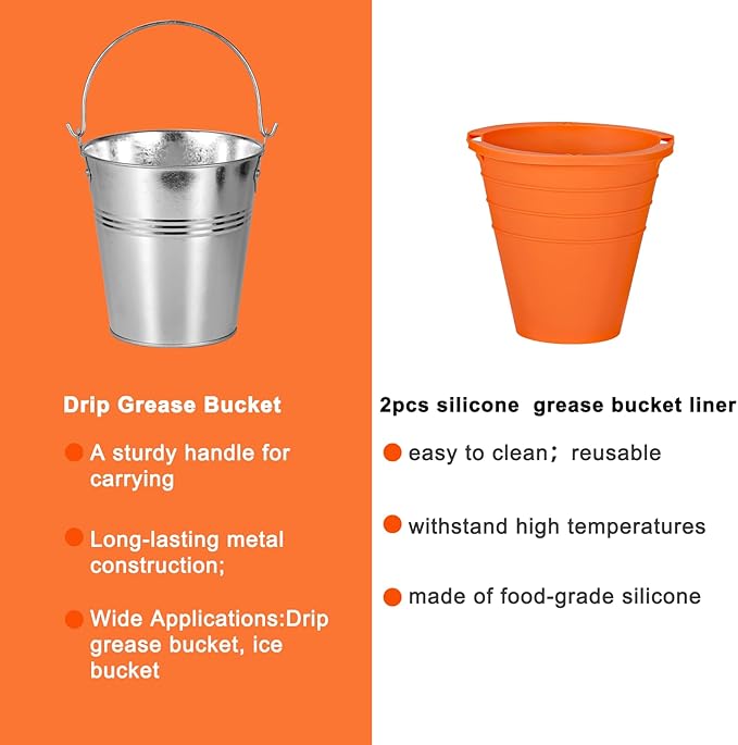 Drip Tray Grease Bucket and 2pcs Reusable siliconel Liners for Oklahoma Joe's, Traeger, Pit-Boss, Z Grill, Camp Chef, Grill Grease Bucket Fits Most Offset Smokers（Silver+Orange）
