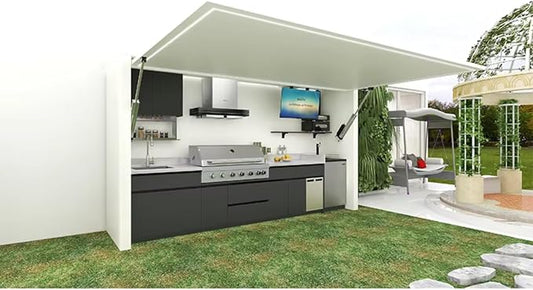 Prefab Modular Outdoor Kitchen, Stainless Steel BBQ Kitchen Island with Integrated Grill, Oven, Refrigerator and Washing Sink, Automatic Lift Door & LED Lights for Patio Backyard Outdoor Entertaining