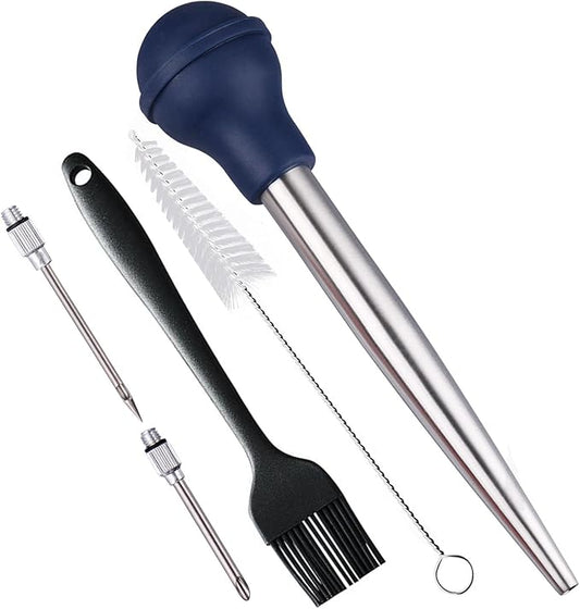 Turkey Baster, Baster Syringe for Cooking, Stainless Steel Turkey Baster with Silicone Bulb, Baster with Cleaning Brush &BBQ Brush&Marinade Needles, Baster for Home Baking&Kitchen Blue