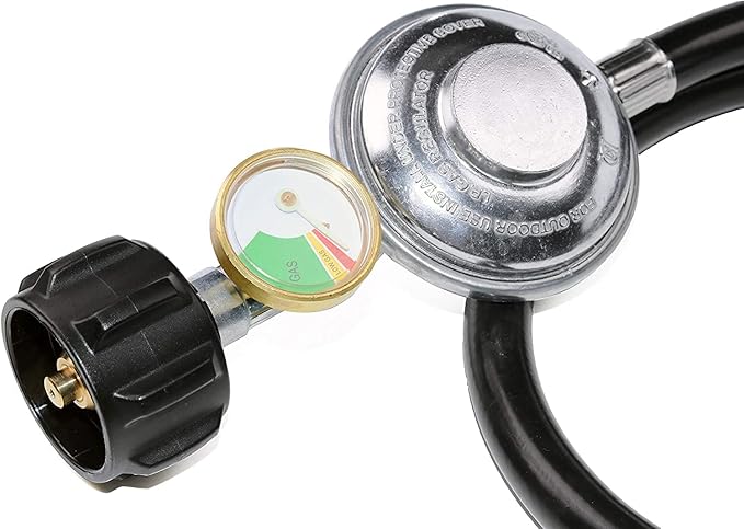 6 Feet Propane Regulator Hose with Propane Tank Gauge Universal Grill Regulator Replacement Parts, QCC1 Hose and Regulator for Most LP Gas Grill, Heater and Fire Pit Table, 3/8" Female Flare Nut