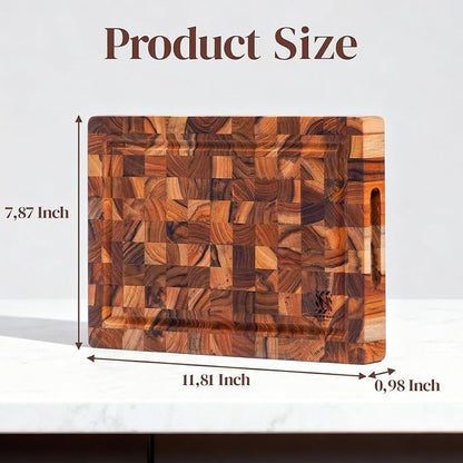 Premium End Grain Teak Cutting Board 12" x 8" x 1" with Handle & Juice Groove, Medium Thick Solid Non-toxic Wood Butcher Block for Meat, Fruit, Cheese & Kitchen Prep by New M Way