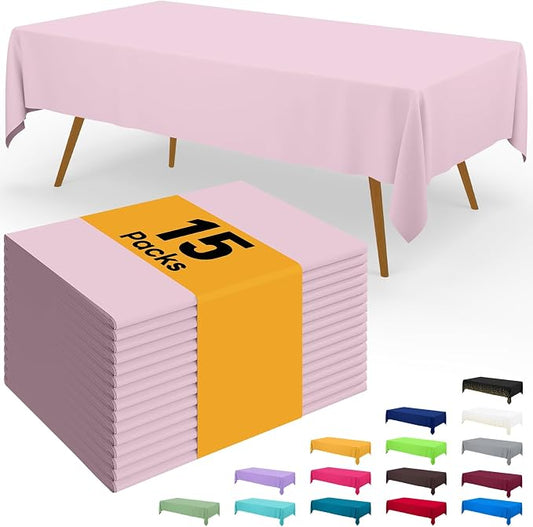 Smiry Disposable Table Cloth - 15 Pack, 54 x 108 Inch Waterproof Rectangle Tablecloths for Parties, Decorative Plastic Table Cover, Leakproof & Sturdy, Pink