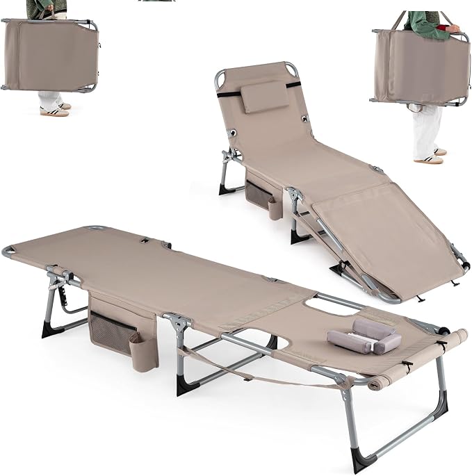 Goplus Tanning Chair with Face Arm Holes, Portable Sunbathing Chair with 4-Level Backrest & Head Pillow, Patio Lay Flat Folding Chaise Lounge with Side Pocket & Shoulder Strap for Poolside, Beach