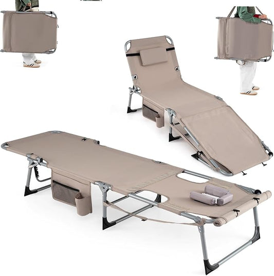 Goplus Tanning Chair with Face Arm Holes, Portable Sunbathing Chair with 4-Level Backrest & Head Pillow, Patio Lay Flat Folding Chaise Lounge with Side Pocket & Shoulder Strap for Poolside, Beach