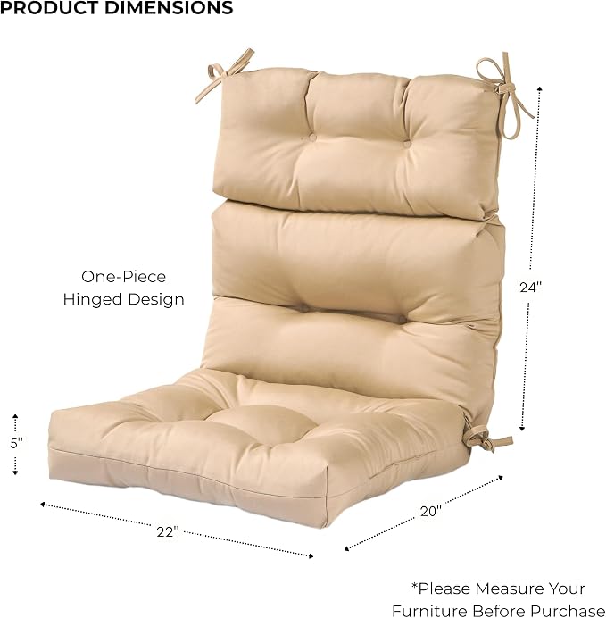 Outdoor Tufted High-Back Chair Cushions, One-Piece Hinged Seat and Back Design, Reversible with 4 Ties, Durable Polyester Fabric, Recycled Fiber Fill - Single, Stone