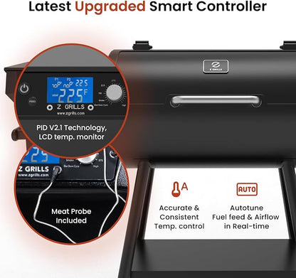 Z GRILLS ZPG 550B2 Wood Pellet Smoker, 8 in 1 BBQ Grill with Latest PID Technology LCD Controller, Auto Temperature Control, Meat Probe, 553 sq in Black