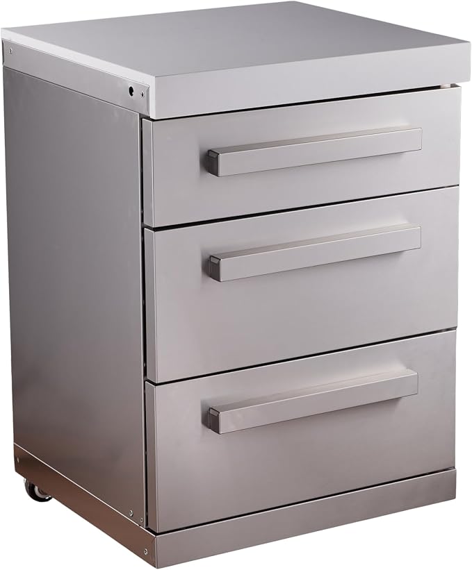Mont Alpi 3-Drawer Soft-Close Stainless Steel Outdoor Kitchen Cabinet Module with White Granite Countertop - 25" W | 304 SS | MAi805 & MAi400