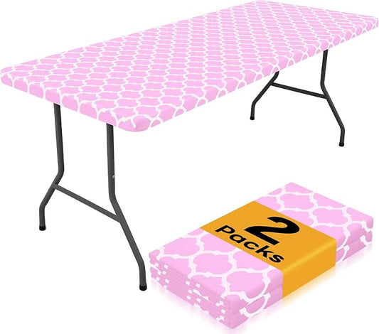 Smiry 2 Pack Rectangle Table Cloth 6 Foot, Waterproof Elastic Fitted Tablecloths, Windproof Washable Polyester Table Cover for Picnic, Camping, Outdoor (Pink, 30"x72")