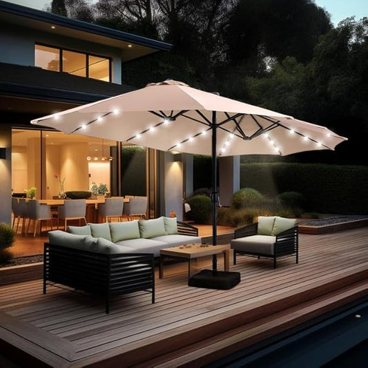 GREEN PARTY 15 ft Large Outdoor Patio Umbrella with Solar Led Lights & Base Included, Double-Sided Rectangular Table Umbrella with Stand, Market Umbrellas for Deck Poolside Garden Backyard, Beige