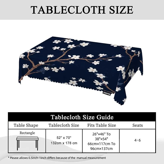 Swono Cherry Blossoms Table Covers 52x70 Inch Branch White Flower Cherry Navy Blue Wipeable Tablecloth Kitchen Dinning Tabletop Decoration, Table Cloth for Outdoor and Indoor Use
